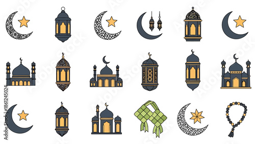 Collection of Islamic Symbols and Decorations for Ramadan and Eid Celebrations.