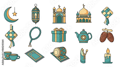 Ramadan and Eid al-Fitr celebration elements set.