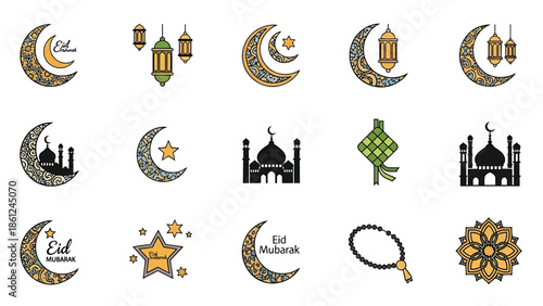 Collection of Islamic Symbols and Decorations for Eid Mubarak Celebrations.