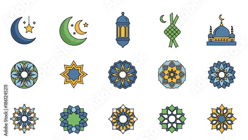 Ramadan and Eid al-Fitr Islamic celebration symbols and mandalas.