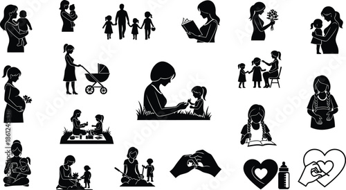 Black silhouettes of mothers and children in various tender and playful poses