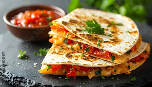 Three-layered quesadilla with melted cheese, tomatoes, and cilantro on dark stone, with salsa and greens
