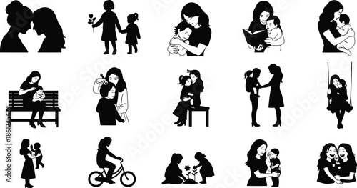 Collection of black silhouettes of women in various poses and activities