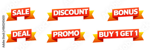 Set of red 3D marketing ribbons for retail sales promotions