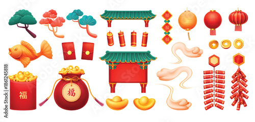Collection of Chinese New Year decorative icons including lanterns, gold ingots, coins, firecrackers, clouds, koi fish, and red envelopes, arranged as festive 3D illustrations for holiday design proje