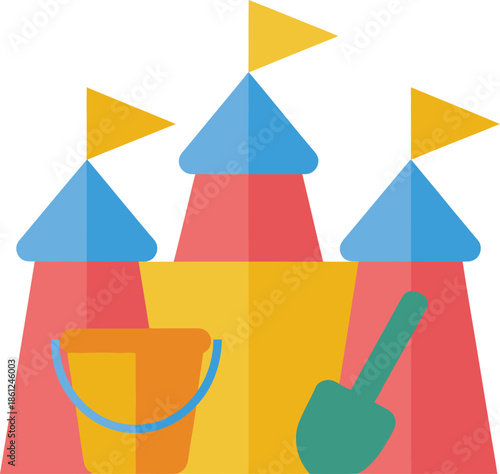 Vibrant Sandcastle Vector Graphic with Bucket and Shovel Icon for Beach Theme Design Projects