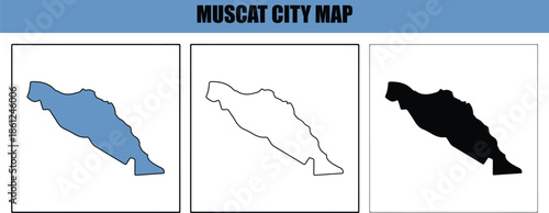Muscat city map in blue, black and white on white background