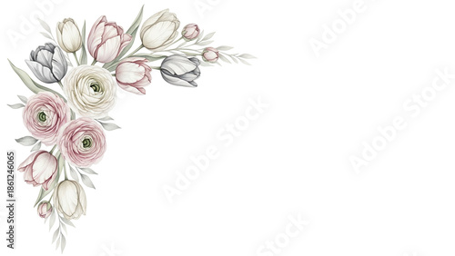 Luxury watercolor corner element with tulips and ranunculus in a neutral palette isolated on white background
