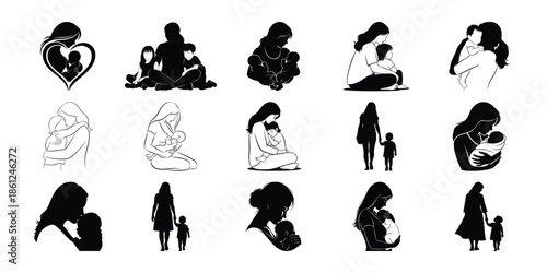 Collection of black silhouettes of women in various poses