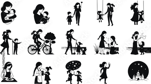 Black and white illustrations of people engaging in various daily activities