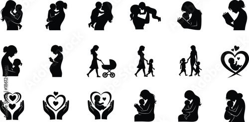 Silhouette icons of loving relationships and family moments