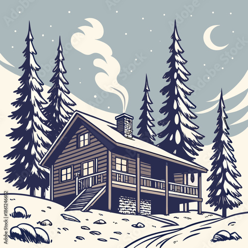 Nordic style cabin with smoke from chimney among snow covered pine trees at night