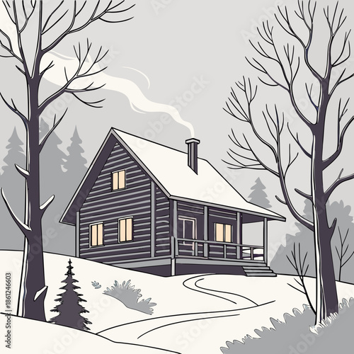 Nordic style cabin with snow covered roof and smoking chimney among bare trees