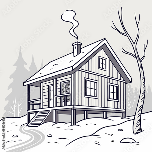 Scandinavian winter cabin lifted above ground on stilts 1