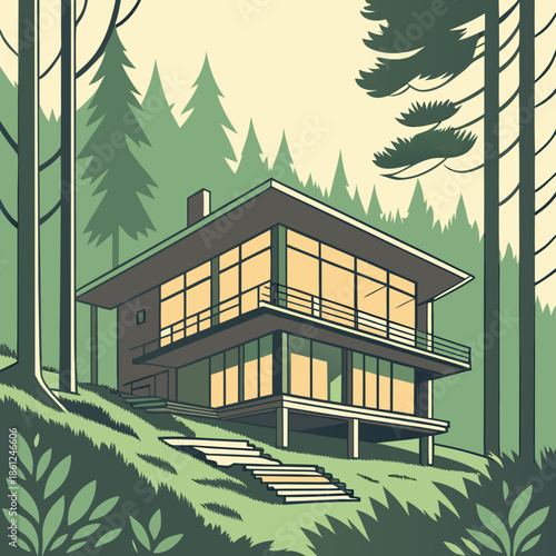 Modern elevated forest cabin with geometric form and large windows