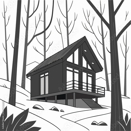 Black cabin on stilts in snowy forest with bare trees