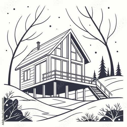 Minimalist nordic cabin lifted above snow on thin stilts