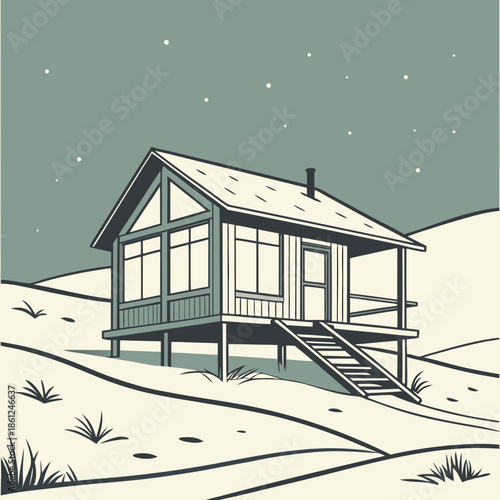 Minimalist nordic cabin lifted above snow on thin stilts under starry night sky