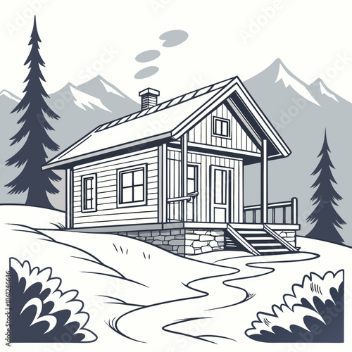 Scandinavian style cabin hovering above snow covered landscape with mountains