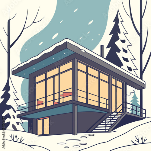 Snow covered contemporary cabin with large window pane and trees