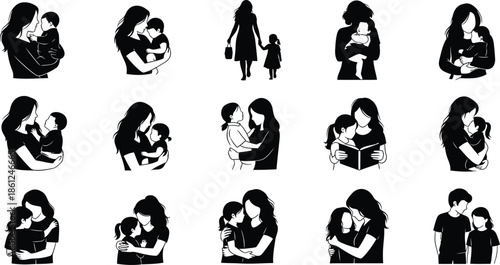 Collection of black and white images of a woman and child