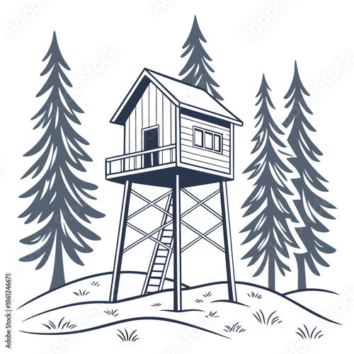 Minimalist winter cabin raised on thin metal stilt