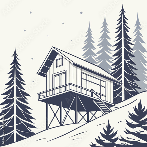 Minimalist winter cabin raised on thin metal stilts among pine trees