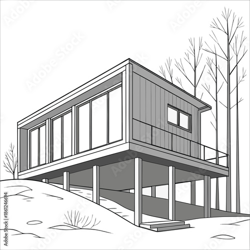 Modern box shaped cabin lifted above snow using stilts