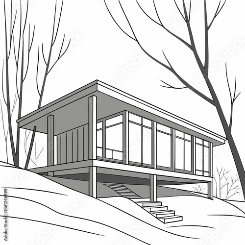 Modern box shaped cabin lifted above snow using stilts 2