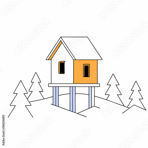 Minimalist nordic cabin elevated on stilts in winter scene