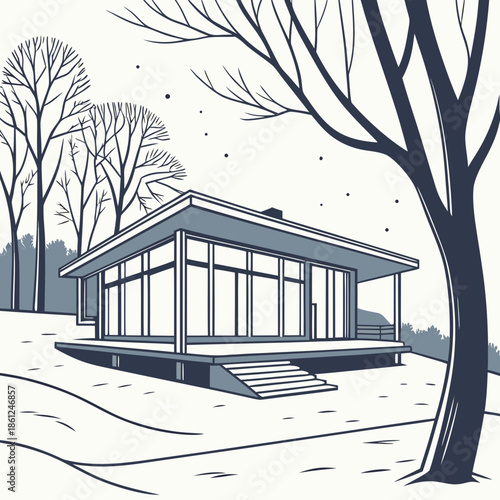 Minimalist cabin on stilts with large windows in snowy landscape