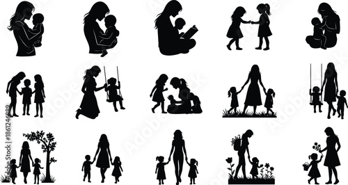 Collection of black silhouettes depicting various family and social interactions