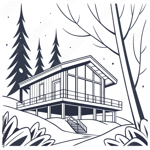 Scandinavian modern cabin raised on pillars in winter 1