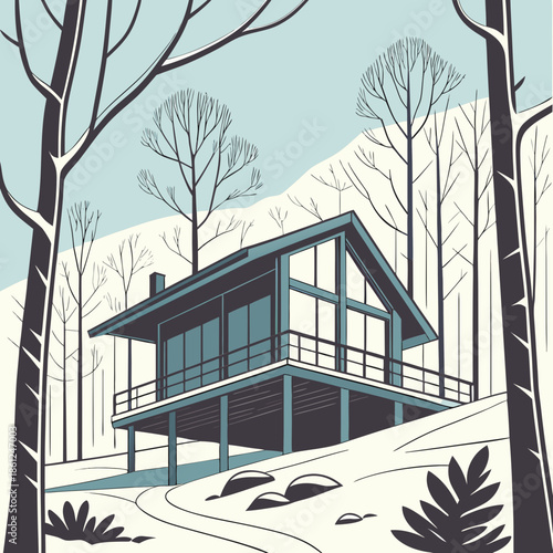 Modern cabin with glass facade on elevated platform in snowy forest