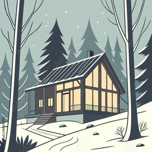 Snowy cabin with glass facade and trees winter house