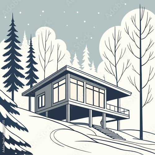 Modern forest cabin on stilts with snowy landscape and trees