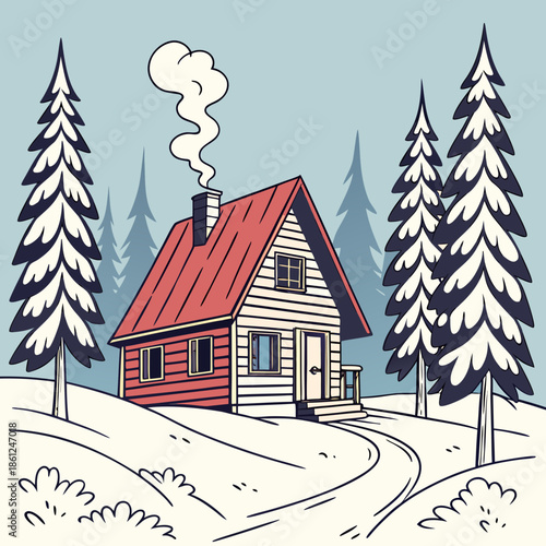 Nordic style cabin with red roof and smoke from chimney among snow covered pine trees
