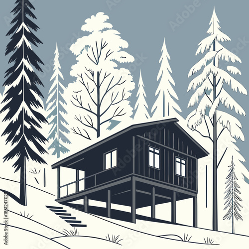 Black cabin on stilts surrounded by snow covered trees