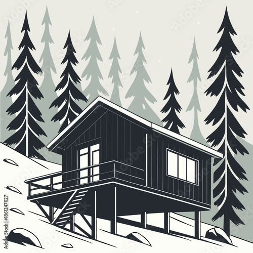 Black cabin on stilts in snowy forest with pine trees