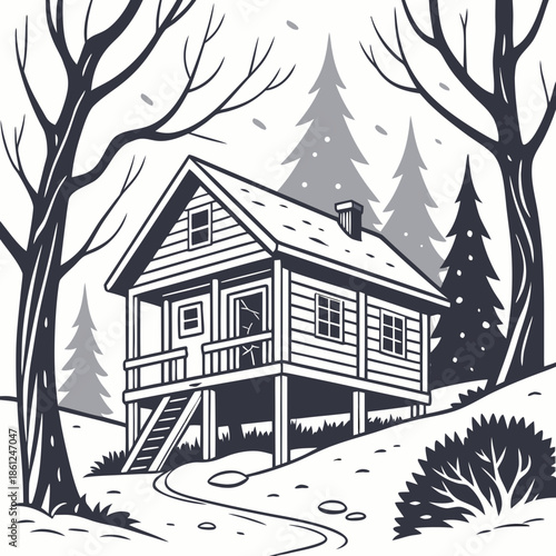 Scandinavian inspired cabin raised on stilts in winter