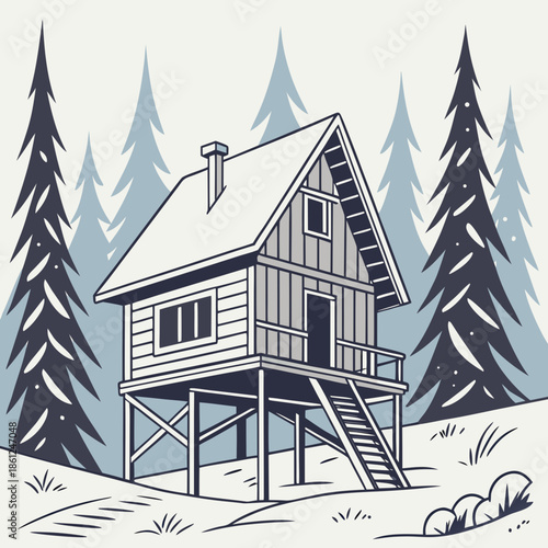 Scandinavian inspired cabin raised on stilts in winter forest