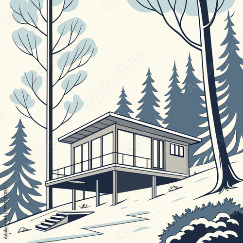 Modern cabin on stilts in snowy forest with trees stilt house 1
