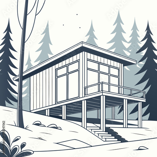 Modern cabin on stilts in snowy forest with trees stilt house