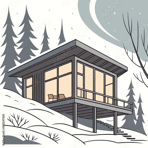 Scandinavian winter cabin elevated with glass pane 1