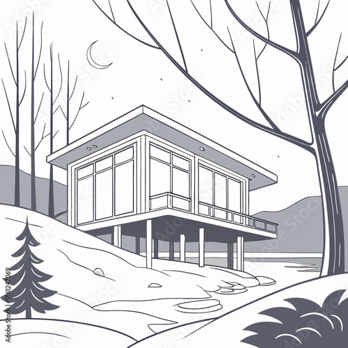 Modern cabin on stilts with large windows in snowy landscape 1