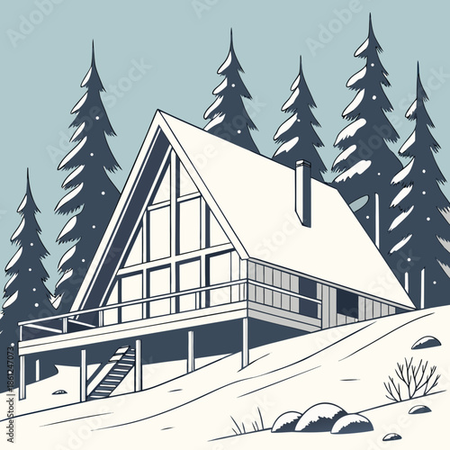 Snowy forest cabin lifted above ground with clean lines