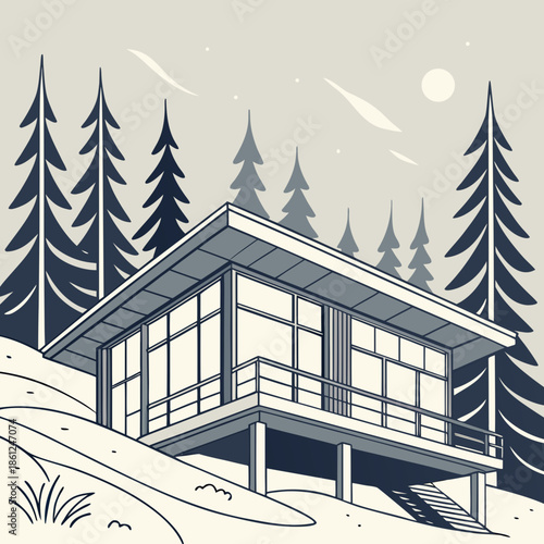 Scandinavian winter cabin elevated with large glass panels and trees