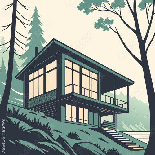 Elevated cabin with dark facade and porch on a wooded hillside