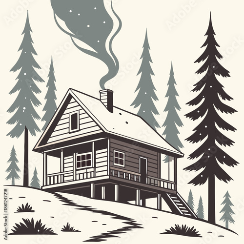 Winter cabin on pillars with smoke from chimney surrounded by pine trees