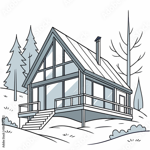 Winter cabin with glass facade and chimney on snowy hill